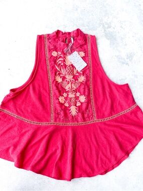 NWT Free People Tulip Embroidered Lace Peplum Tank Top Pink Women's L